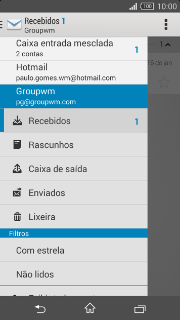 Pressione a caixa de entrada abaixo da conta de e-mail desejada. Pressione a caixa de entrada abaixo da conta de e-mail desejada.