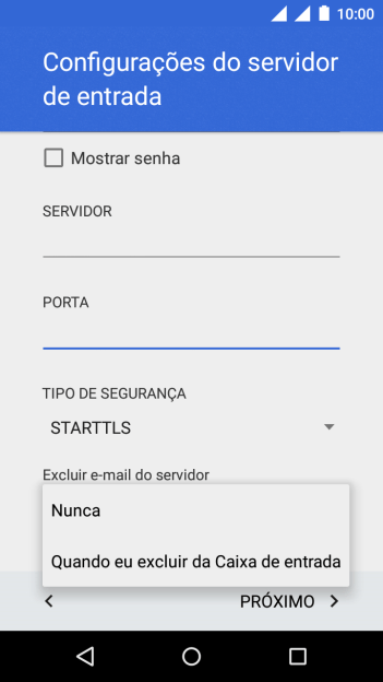 Pressione Nunca para manter os e-mails no servidor, quando você apagá-los do celular. Pressione Nunca para manter os e-mails no servidor, quando você apagá-los do celular.