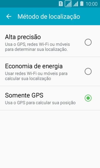Se você selecionar Alta precisão, o seu celular poderá encontrar sua posição precisa com ajuda dos satélites GPS, rede celular e e da rede Wi-Fi próximos à você. O GPS via satélite requer uma visão livre para o céu. Se você selecionar Alta precisão, o seu celular poderá encontrar sua posição precisa com ajuda dos satélites GPS, rede celular e e da rede Wi-Fi próximos à você. O GPS via satélite requer uma visão livre para o céu.