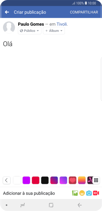 Digite o texto desejado, e pressione COMPARTILHAR. Digite o texto desejado, e pressione COMPARTILHAR.