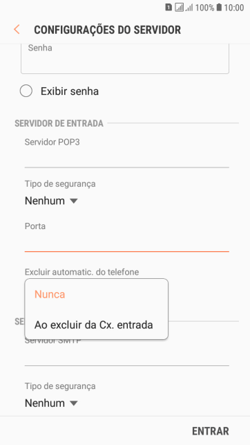 Pressione Nunca para manter os e-mails no servidor, quando você apagá-los do celular. Pressione Nunca para manter os e-mails no servidor, quando você apagá-los do celular.