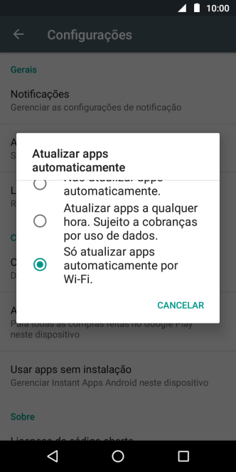 Para ativar a atualização automática de apps via Wi-Fi, você deve pressionar Só atualizar apps automaticamente por Wi-Fi.. Para ativar a atualização automática de apps via Wi-Fi, você deve pressionar Só atualizar apps automaticamente por Wi-Fi..