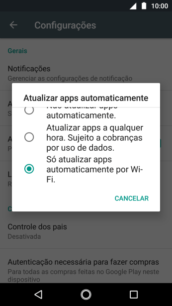 Para ativar a atualização automática de apps via Wi-Fi, você deve pressionar Só atualizar apps automaticamente por Wi-Fi.. Para ativar a atualização automática de apps via Wi-Fi, você deve pressionar Só atualizar apps automaticamente por Wi-Fi..