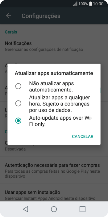 Para desativar a atualização automática de apps, você deve pressionar Não atualizar apps automaticamente.. Para desativar a atualização automática de apps, você deve pressionar Não atualizar apps automaticamente..