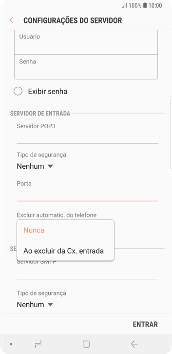 Pressione Nunca para manter os e-mails no servidor, quando você apagá-los do celular. Pressione Nunca para manter os e-mails no servidor, quando você apagá-los do celular.