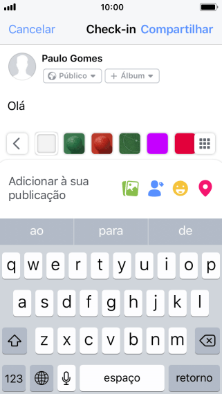 Digite o texto desejado, e pressione Compartilhar. Digite o texto desejado, e pressione Compartilhar.