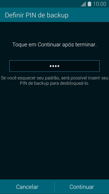 Digite um código PIN de quatro cifras e pressione Continuar. Digite um código PIN de quatro cifras e pressione Continuar.