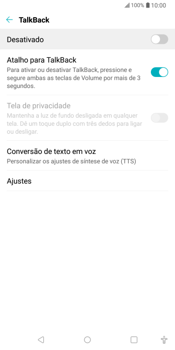 Pressione Conversão de texto em voz, e siga as indicações da tela para configurar a velocidade e o tom de voz. Pressione Conversão de texto em voz, e siga as indicações da tela para configurar a velocidade e o tom de voz.