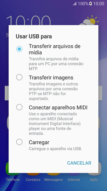 Pressione Transferir arquivos de mídia para ativar a função. Pressione Transferir arquivos de mídia para ativar a função.