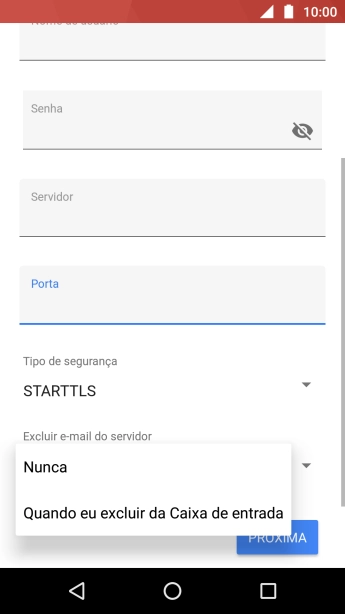 Pressione Nunca para manter os e-mails no servidor, quando você apagá-los do celular. Pressione Nunca para manter os e-mails no servidor, quando você apagá-los do celular.