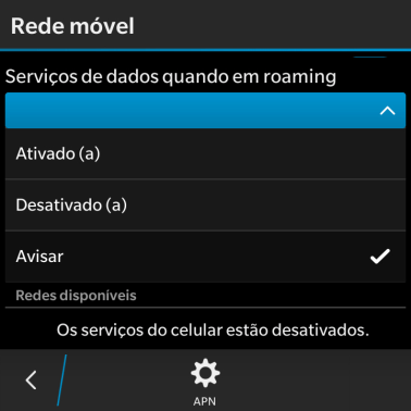 Pressione Ativado (a) para ativar o roaming de dados. Pressione Ativado (a) para ativar o roaming de dados.