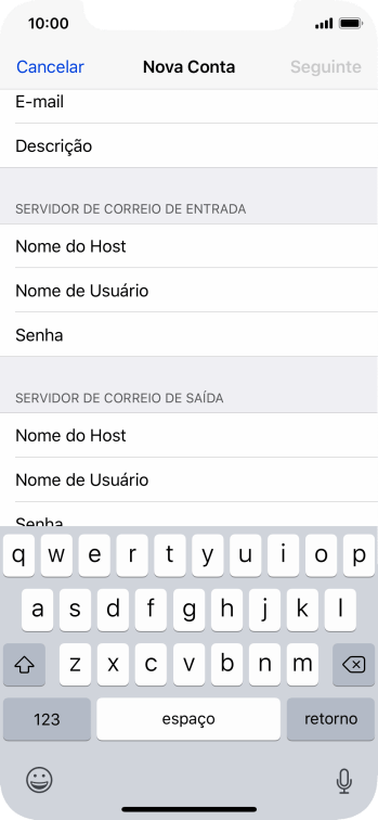 Pressione Nome do Host, e insira o nome do servidor de saída do seu provedor de e-mails. Pressione Nome do Host, e insira o nome do servidor de saída do seu provedor de e-mails.