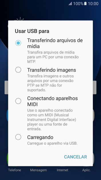 Pressione Transferindo arquivos de mídia para ativar a função. Pressione Transferindo arquivos de mídia para ativar a função.