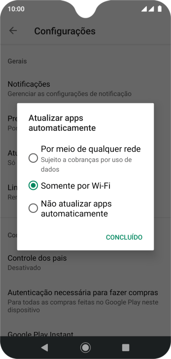 Para ativar a atualização automática de apps via rede celular, você deve pressionar Por meio de qualquer rede Sujeito a cobranças por uso de dados. Para ativar a atualização automática de apps via rede celular, você deve pressionar Por meio de qualquer rede Sujeito a cobranças por uso de dados.