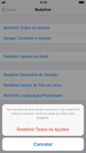 Pressione Redefinir Todos os Ajustes. Aguarde um instante, enquanto o celular restaura as configurações padrão. Siga as indicações do visor para configurar o celular, e deixá-lo pronto para uso. Pressione Redefinir Todos os Ajustes. Aguarde um instante, enquanto o celular restaura as configurações padrão. Siga as indicações do visor para configurar o celular, e deixá-lo pronto para uso.