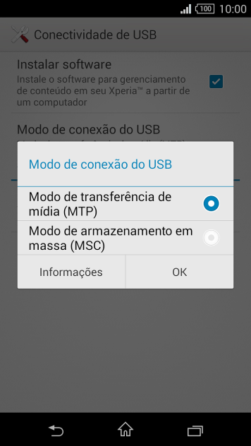 Pressione Modo de transferência de mídia (MTP). Pressione Modo de transferência de mídia (MTP).
