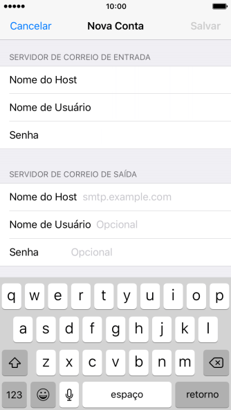 Pressione Nome do Host, e insira o nome do servidor de saída do seu provedor de e-mails. Pressione Nome do Host, e insira o nome do servidor de saída do seu provedor de e-mails.