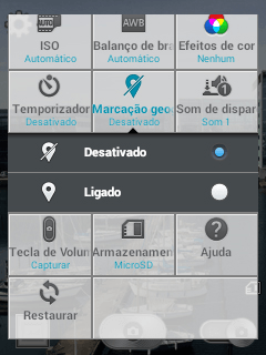 Pressione Ligado para ativar a marcação geográfica. Pressione Ligado para ativar a marcação geográfica.