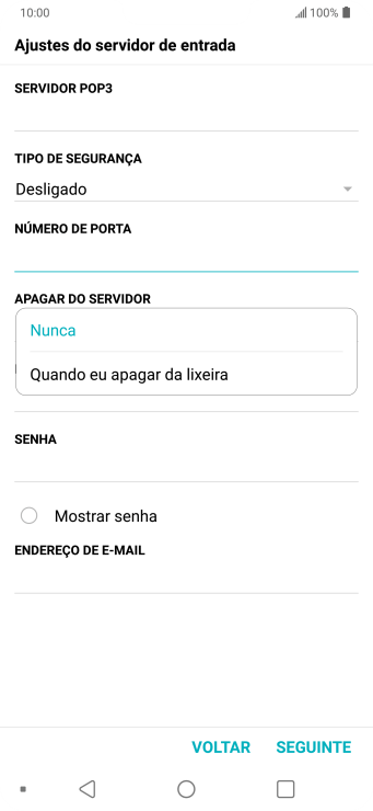 Pressione Nunca para manter os e-mails no servidor, quando você apagá-los do celular. Pressione Nunca para manter os e-mails no servidor, quando você apagá-los do celular.