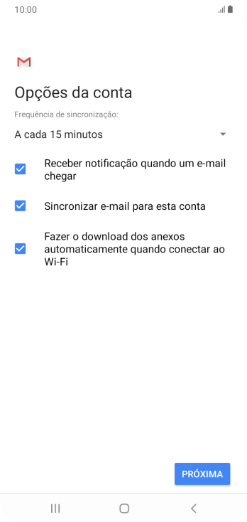 Se a tela mostrar essa imagem, sua conta foi reconhecida e configurada automaticamente. Siga as instruções da tela para inserir mais informações e finalizar a configuração. Se a tela mostrar essa imagem, sua conta foi reconhecida e configurada automaticamente. Siga as instruções da tela para inserir mais informações e finalizar a configuração.