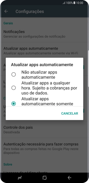 Para desativar a atualização automática de apps, você deve pressionar Não atualizar apps automaticamente. Para desativar a atualização automática de apps, você deve pressionar Não atualizar apps automaticamente.