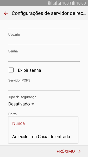 Pressione Nunca para manter os e-mails no servidor, quando você apagá-los do celular. Pressione Nunca para manter os e-mails no servidor, quando você apagá-los do celular.
