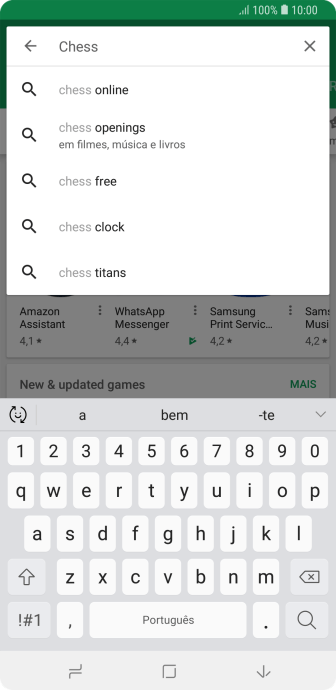 Insira o nome ou assunto do app desejado, e pressione o ícone de busca. Insira o nome ou assunto do app desejado, e pressione o ícone de busca.