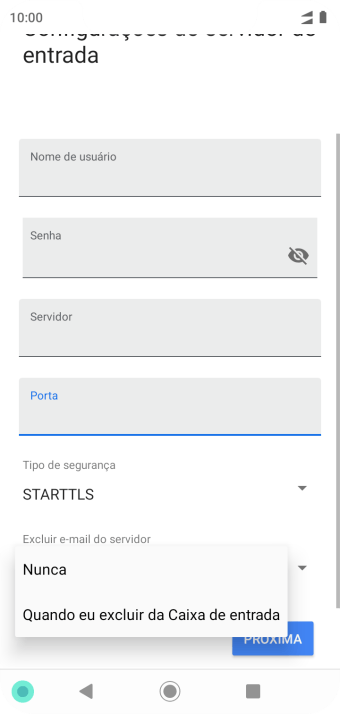 Pressione Nunca para manter os e-mails no servidor, quando você apagá-los do celular. Pressione Nunca para manter os e-mails no servidor, quando você apagá-los do celular.