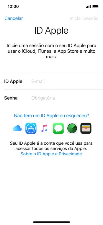 Se você não tiver um ID Apple, deve pressionar Não tem um ID Apple ou esqueceu?, e seguir as instruções da tela para instalá-lo. Se você não tiver um ID Apple, deve pressionar Não tem um ID Apple ou esqueceu?, e seguir as instruções da tela para instalá-lo.