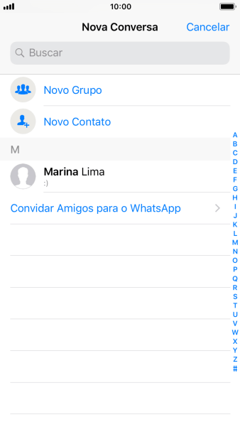 Pressione o campo de busca, e digite as primeiras letras do nome do contato. Pressione o campo de busca, e digite as primeiras letras do nome do contato.