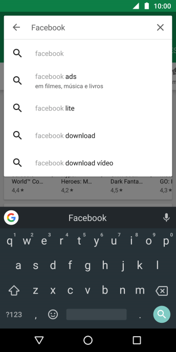 Digite Facebook e pressione o ícone de busca. Digite Facebook e pressione o ícone de busca.