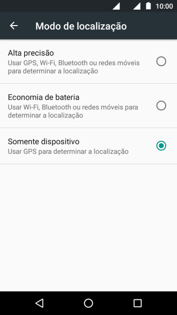 Se você selecionar Alta precisão, o seu celular poderá encontrar sua posição precisa com ajuda dos satélites GPS, rede celular e e da rede Wi-Fi próximos à você. O GPS via satélite requer uma visão livre para o céu. Se você selecionar Alta precisão, o seu celular poderá encontrar sua posição precisa com ajuda dos satélites GPS, rede celular e e da rede Wi-Fi próximos à você. O GPS via satélite requer uma visão livre para o céu.