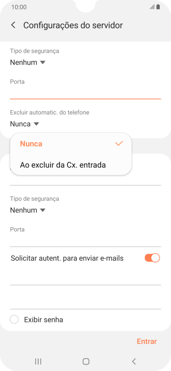 Pressione Nunca para manter os e-mails no servidor, quando você apagá-los do celular. Pressione Nunca para manter os e-mails no servidor, quando você apagá-los do celular.
