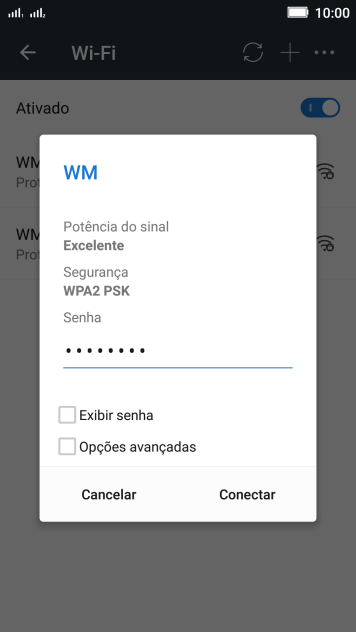 Digite a senha da sua conta da rede Wi-Fi, e pressione Conectar. Digite a senha da sua conta da rede Wi-Fi, e pressione Conectar.