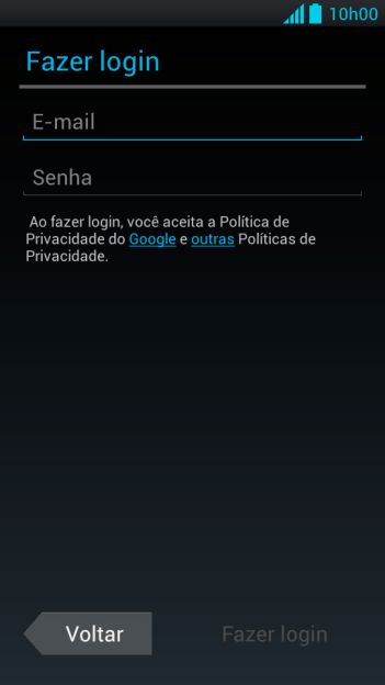 Pressione E-mail e digite o nome de usuário da sua conta Google. Pressione E-mail e digite o nome de usuário da sua conta Google.