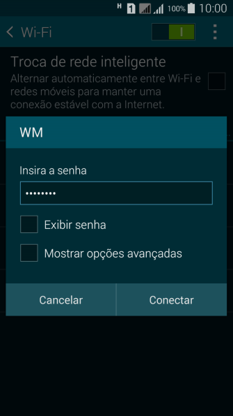 Digite a senha da sua conta da rede Wi-Fi, e pressione Conectar. Digite a senha da sua conta da rede Wi-Fi, e pressione Conectar.