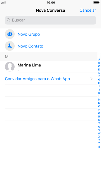 Pressione o campo de busca, e digite as primeiras letras do nome do contato. Pressione o campo de busca, e digite as primeiras letras do nome do contato.