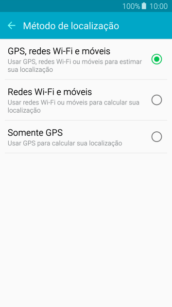 Se você selecionar GPS, redes Wi-Fi e móveis, o seu celular poderá encontrar sua posição exata com ajuda dos satélites GPS. Se você selecionar GPS, redes Wi-Fi e móveis, o seu celular poderá encontrar sua posição exata com ajuda dos satélites GPS.