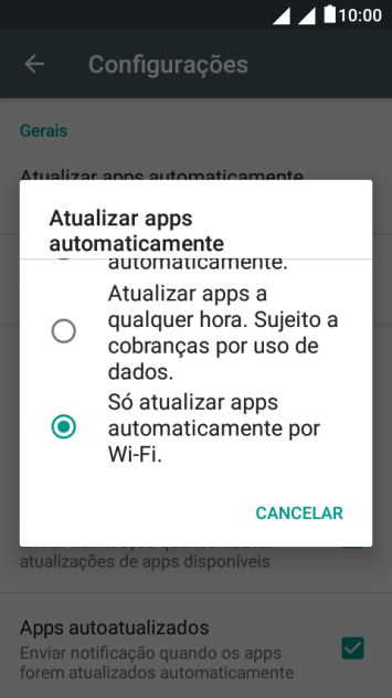 Para ativar a atualização automática de apps via Wi-Fi, você deve pressionar Só atualizar apps automaticamente por Wi-Fi.. Para ativar a atualização automática de apps via Wi-Fi, você deve pressionar Só atualizar apps automaticamente por Wi-Fi..