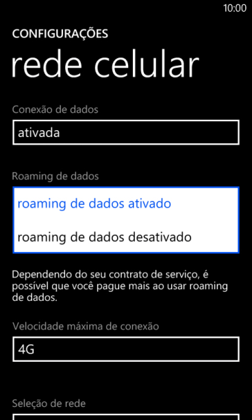 Pressione roaming de dados ativado. Pressione roaming de dados ativado.