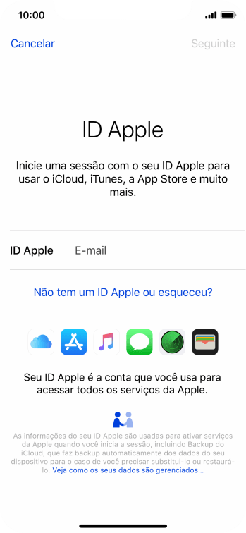 Se você não tiver um ID Apple, deve pressionar Não tem um ID Apple ou esqueceu?, e seguir as instruções da tela para instalá-lo. Se você não tiver um ID Apple, deve pressionar Não tem um ID Apple ou esqueceu?, e seguir as instruções da tela para instalá-lo.