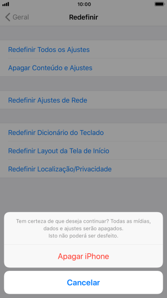 Pressione Apagar iPhone. Aguarde um instante, enquanto o celular restaura as configurações padrão. Siga as indicações do visor para configurar o celular, e deixá-lo pronto para uso. Pressione Apagar iPhone. Aguarde um instante, enquanto o celular restaura as configurações padrão. Siga as indicações do visor para configurar o celular, e deixá-lo pronto para uso.