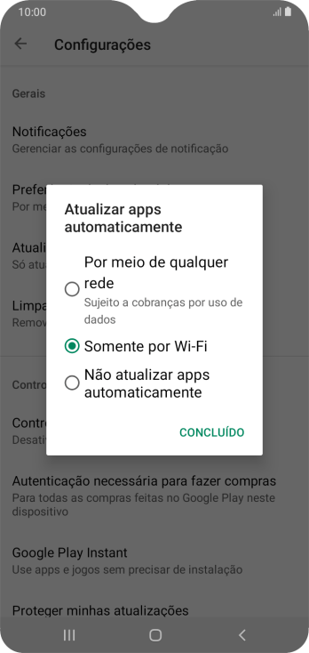 Para ativar a atualização automática de apps via rede celular, você deve pressionar Por meio de qualquer rede. Para ativar a atualização automática de apps via rede celular, você deve pressionar Por meio de qualquer rede.