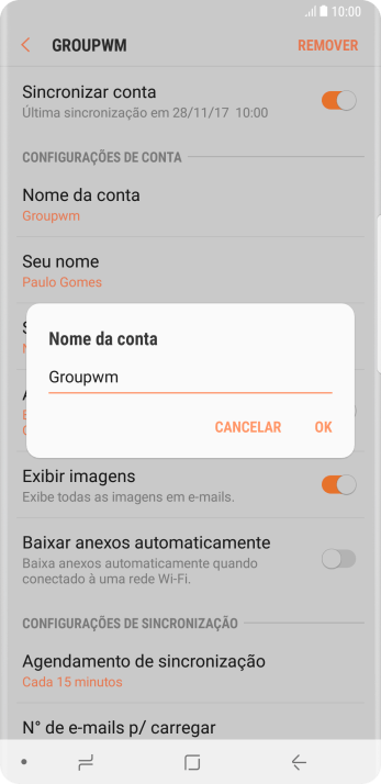 Digite o nome da conta de e-mail, e pressione OK. Digite o nome da conta de e-mail, e pressione OK.