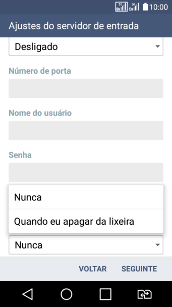 Pressione Nunca para manter os e-mails no servidor, quando você apagá-los do celular. Pressione Nunca para manter os e-mails no servidor, quando você apagá-los do celular.