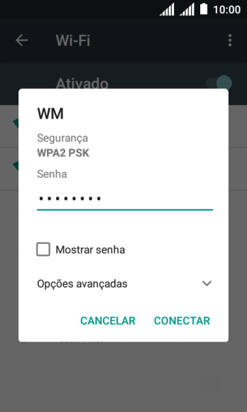 Digite a senha da sua conta da rede Wi-Fi, e pressione CONECTAR. Digite a senha da sua conta da rede Wi-Fi, e pressione CONECTAR.