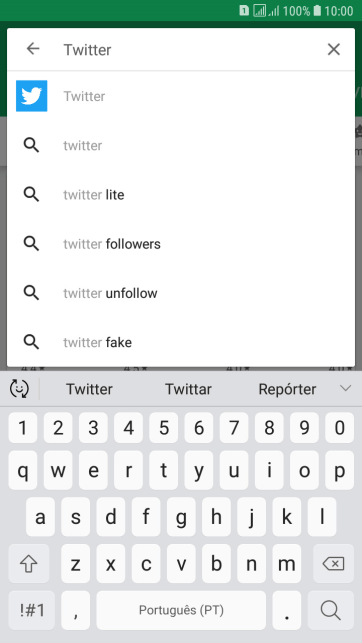 Digite Twitter e pressione o ícone de busca. Digite Twitter e pressione o ícone de busca.