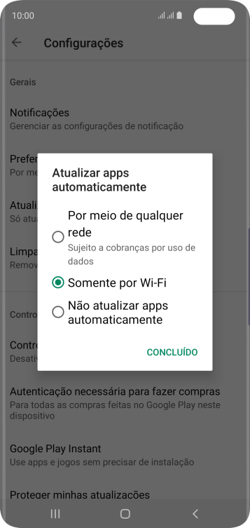 Para ativar a atualização automática de apps via rede celular, você deve pressionar Por meio de qualquer rede Sujeito a cobranças por uso de dados. Para ativar a atualização automática de apps via rede celular, você deve pressionar Por meio de qualquer rede Sujeito a cobranças por uso de dados.