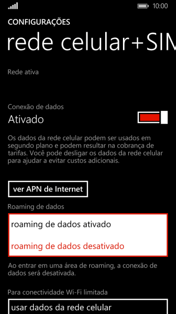 Pressione roaming de dados ativado para ativar o roaming. Pressione roaming de dados ativado para ativar o roaming.