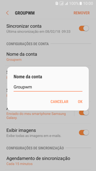 Digite o nome da conta de e-mail, e pressione OK. Digite o nome da conta de e-mail, e pressione OK.
